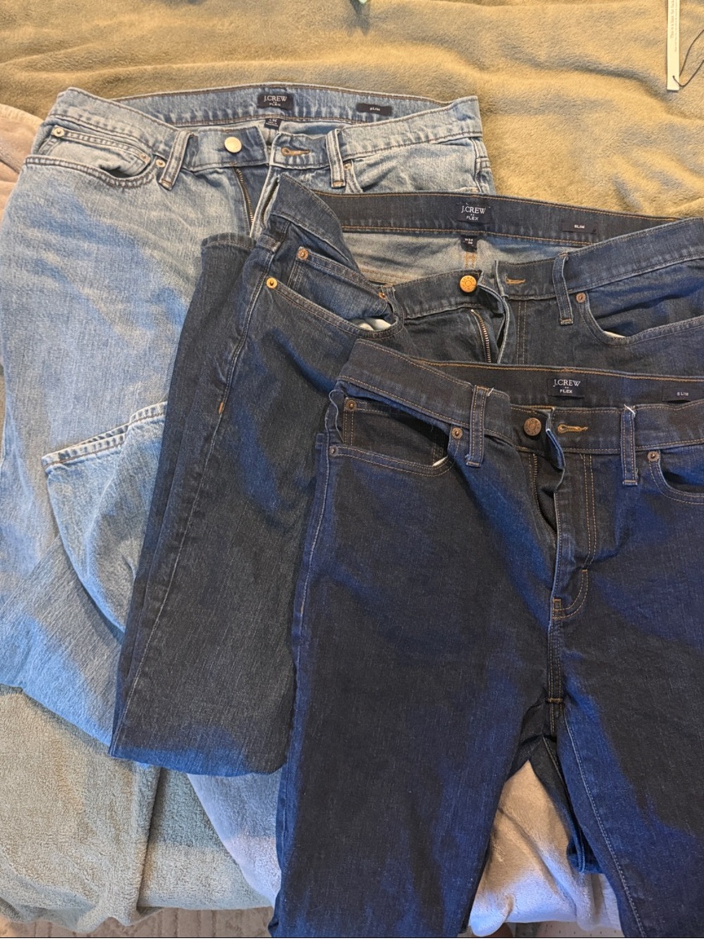 J. Crew Men’s Slim Jeans Trio in Light Blue, Medium Blue, Dark Blue